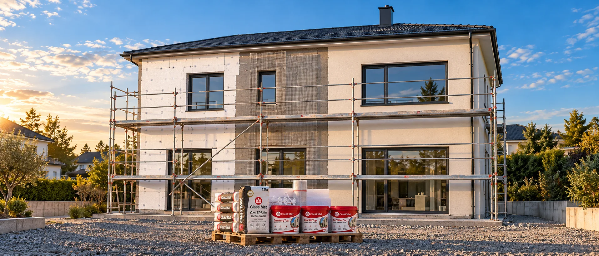 Maison en cours d’isolation par l’extérieur : panneaux PSE chevillés, sous-enduit armé, façade finie et palette de produits Class’Mat