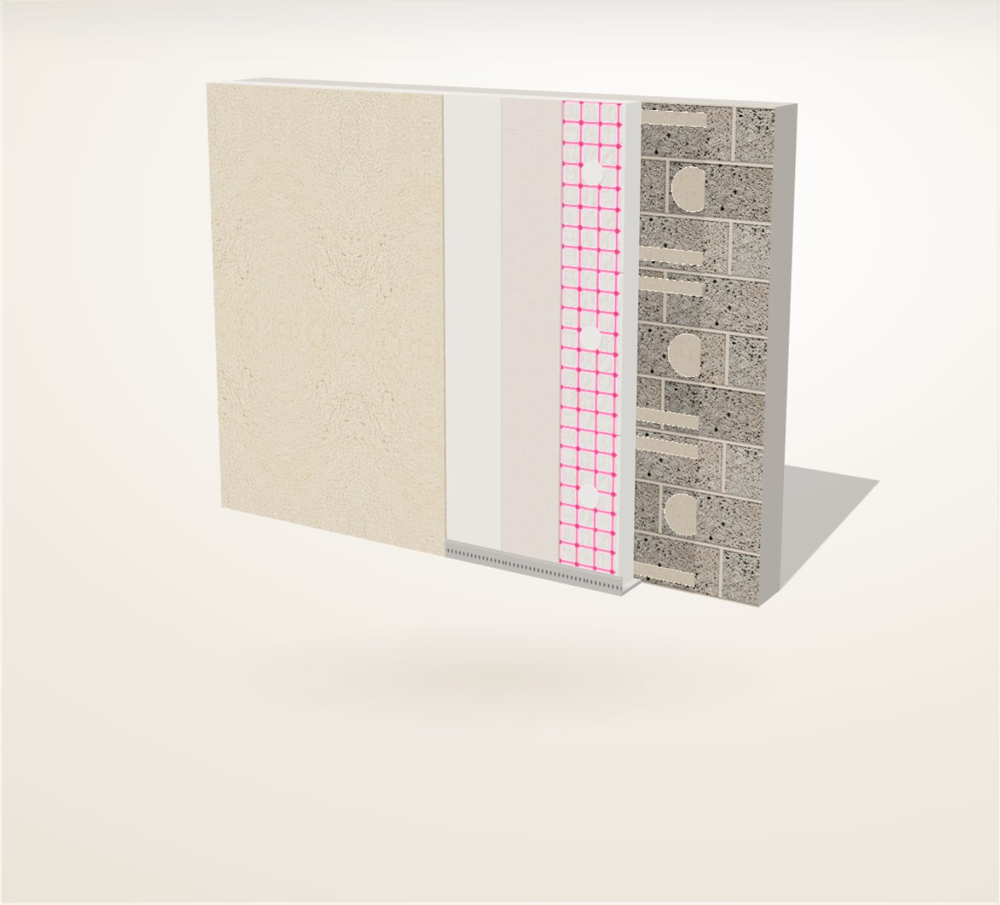 Coupe du système Class Mat Therm PSE : support, colle, isolant PSE chevillé, sous-enduit armé avec treillis, primaire et finition, rail de départ aluminium